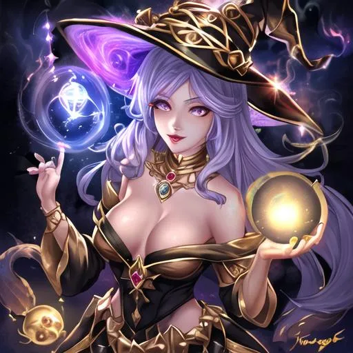 Prompt: Butiful witch with gold lips and a magic orbe of fire