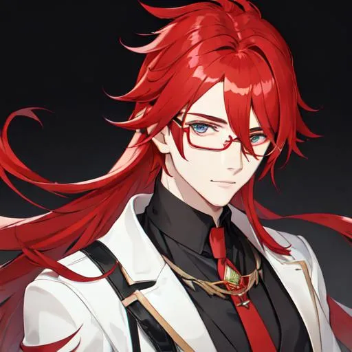 Prompt: Zerif 1male (Red side-swept hair covering his right eye), wearing glasses