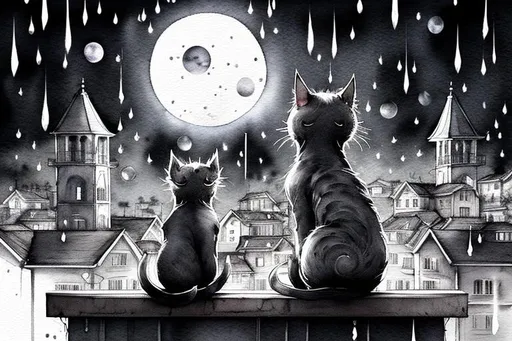 Prompt: smals black and whit cat sits on a rooftop and stares at the moon, light rain, backside of cat,  watercolor style, cats eyes glow in the light of the moon, surreal, hyperealistic,  