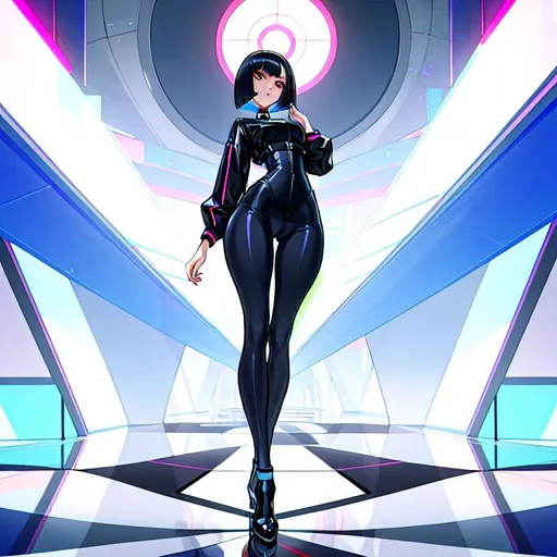 Prompt: a lonely AI girl, very tall, thick thighs, wide hips, huge glutes, long legs, slender arms, slender waist, big beautiful symmetrical eyes, intriguingly beautiful face, aloof expression, bob haircut with bangs, wearing Post-Modernist Hyper-Consumerism Zoomer fashion clothes, high fashion, 12K resolution, hyper quality, hyper-detailed, 12K resolution, hyper-professional