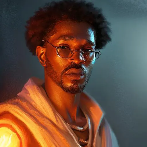 Prompt: A half body photograph of African American man wearing wizard robes looking at the viewer, fantasy, medieval, vivid colors, elegant, concept art, sharp focus, beautiful face, digital art, Hyper-realistic, 4K, Unreal Engine, Highly Detailed, HD, Dramatic Lighting by Brom, trending on Artstation