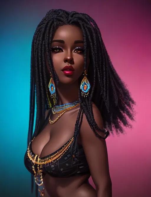 Prompt: UHD, 8k, high quality, cinematic lighting, special effects, hyper realism, Very detailed, high detailed face, high detailed eyes, full view, woman, black skin, gorgeous, thick girl