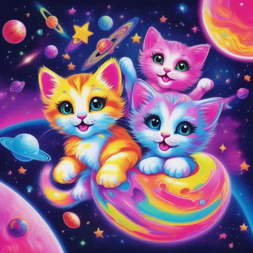 Prompt: in Lisa Frank's style, colourful kittens playing together in space