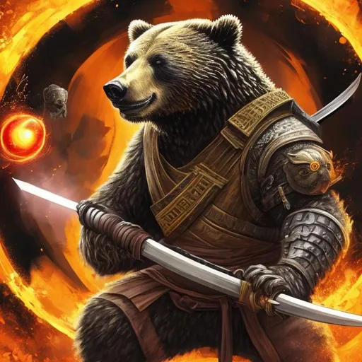 Prompt: a bear wielding a katana made of dragon metal and black hole with an insignia of a black cat head