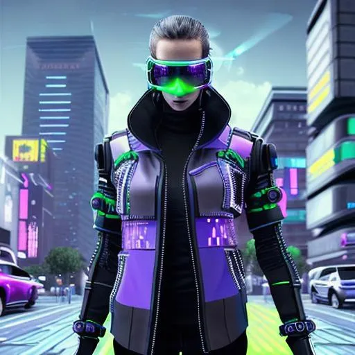 Prompt: "Design a futuristic street scene with high-tech vehicles, flying drones, and cybernetically enhanced individuals.  "Create a highly detailed image of a cyberpunk hacker, with advanced technology and cybernetic implants. Also generate the negative version of this image, with reversed colors and high contrast.