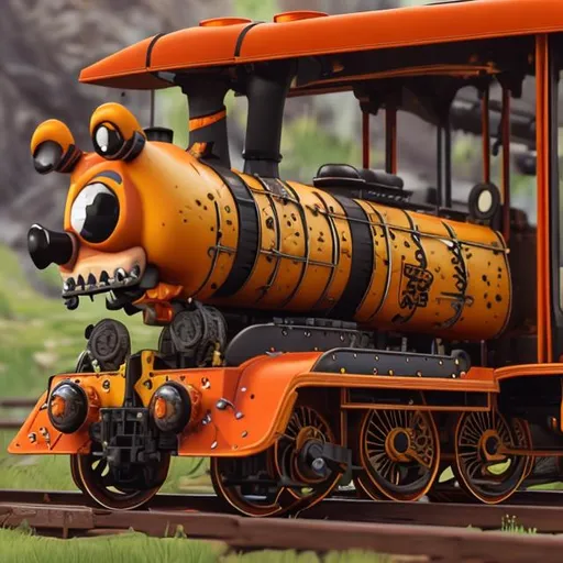 Prompt: Orange Glamrock Freddy Fazbear steam train locomotive With Vanessa Steam whistle 