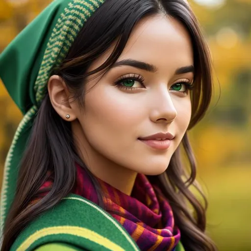 Prompt: a woman wearing a green scarf