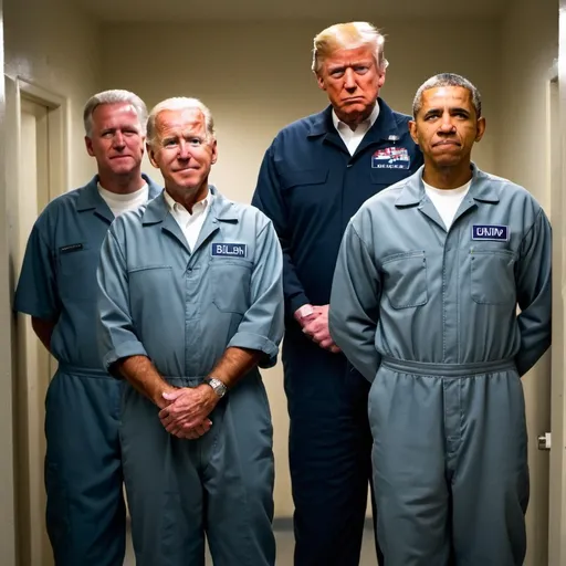 Prompt: Four men are standing side by side in a prison cell. They are presidents Joe Biden, Donald Trump, Barack Obama, and George W Bush. They are wearing matching prison jumpsuits. The prison cell bars are in front of them.