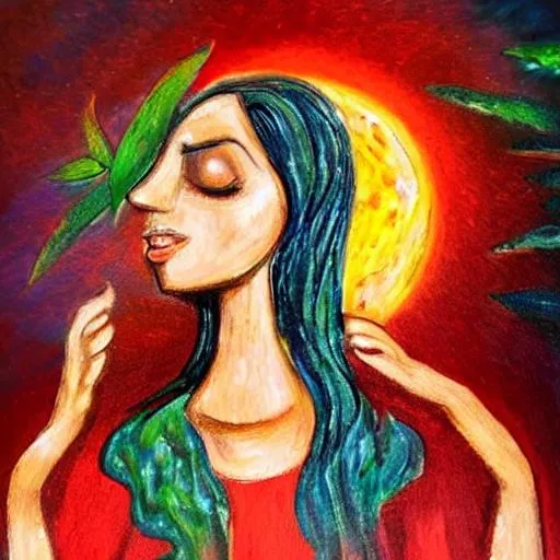 Prompt: Female Woman with spiritual growth from mother earth, outdoors, Romantic Abstract impression realistic Style art.
