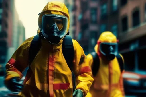 Prompt: Severel hazmat suits running in New York, Riots in streets, apocalypse zombie,  Hyperrealistic, sharp focus, Professional, UHD, HDR, 8K, Render, electronic, dramatic, vivid, pressure, stress, nervous vibe, loud, tension, traumatic, dark, cataclysmic, violent, fighting, Epic