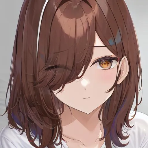 hair over eye, one brown eye, brown hair OpenArt