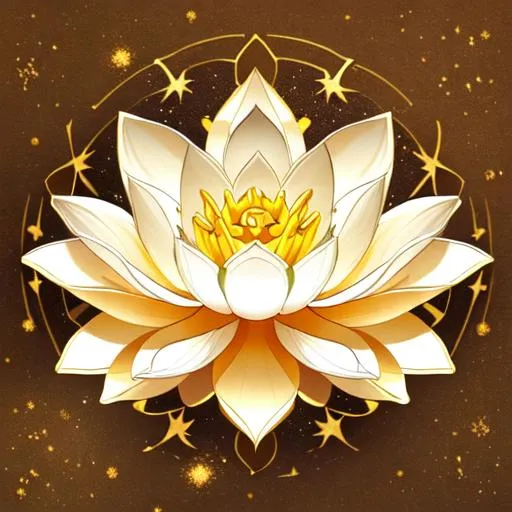 Prompt: lotus flower with white petals, golden outline, white and gold coloring, space background, golden stars
