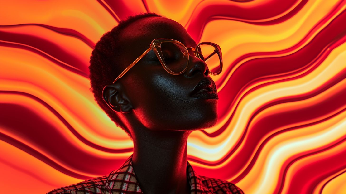 Prompt: Create an image of a person with dark skin wearing stylish gold-rimmed glasses. The person is positioned in front of a background with radiant red and yellow streaks that create an almost hypnotic pattern. The lighting is dramatic and moody, casting deep shadows and bright highlights across the person's face, accentuating the texture of the skin and the reflective surfaces of the glasses. The mood is intense and the color scheme is dominated by warm tones, with a focus on the interplay between light and shadow to create a strong, graphic visual.