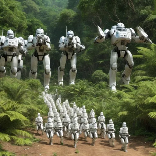 Prompt: a super realistic depiction of a large human clone army wearing white armor scattered across the terrain fighting a larger droid army in a  jungle