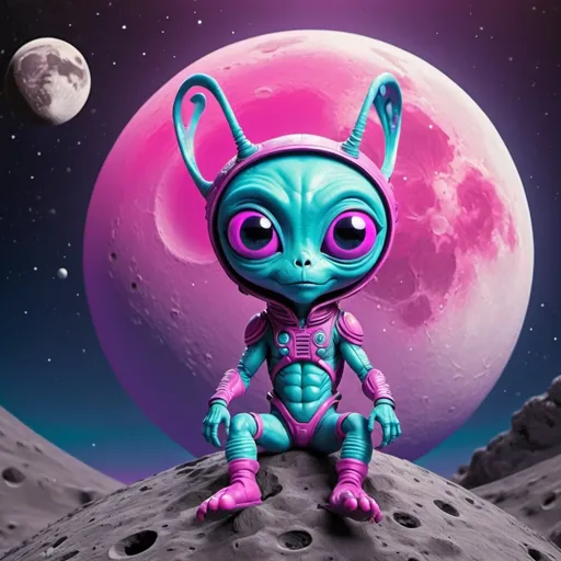 Prompt: Pink alien sat on the moon very cute blue and purple backround with areas of fuschia