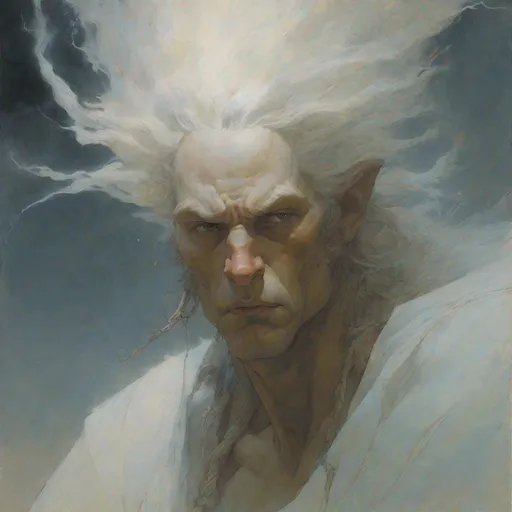 Prompt: Esad Ribic, Gustave Moreau, Moebius, Jakub Rozalski, Alan Lee, Brom, Frazetta, close-up portrait of mythological Zephyr, Zephyr is a mix of tornado and god, zephir as almost shapeless ethereal god of wind, hair made of cloud and vapor and rain, glowing eyes