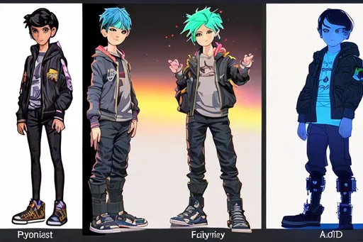Generate a full body pixar style vs Cyberpunk style vs 3D VTuber model of a young magical android 