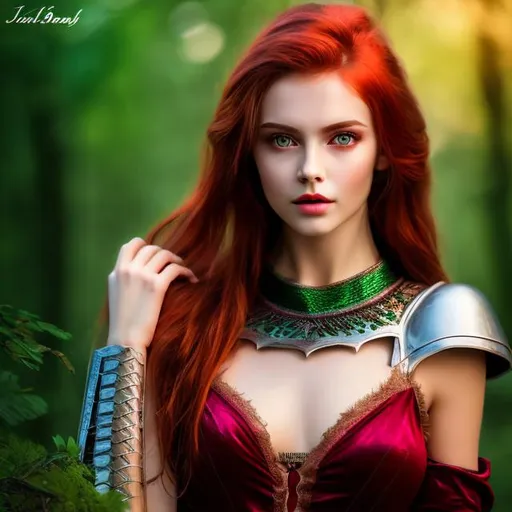 Prompt: professional modeling photo live action human woman hd hyper realistic beautiful scottish warrior woman red hair fair skin green eyes beautiful face green velvet dress silver jewelry enchanting forest at night hd background with live action realistic 