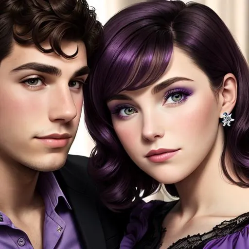 Prompt: Woman wearing a purple dress,  with a young man with dark hair, facial closeup