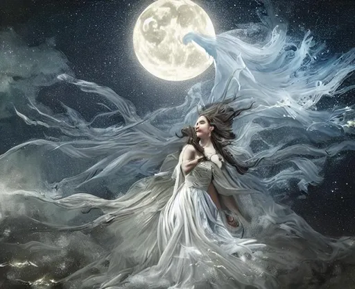 Prompt: oil painting detailed expressive ethereal Fearless goddess wandering the night, Shrouded safe in soft moonlight, Maiden goddess of heavens, Silver and white
Flawless moonlight, cinematic atmosphere, fantastic fantasy, award-winning cgi 