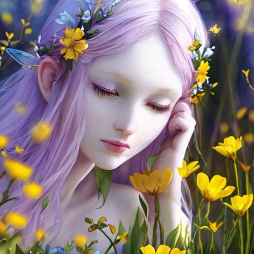 Prompt: fairy goddess of spring, pale skin,surrounded by vivid yellow wildflowers,closeup