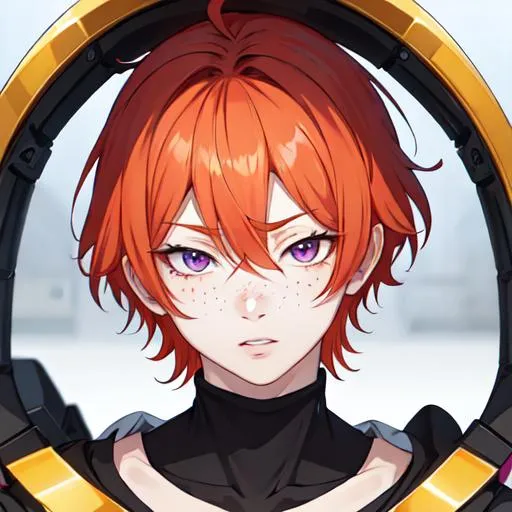 Prompt: Erikku male adult (short ginger hair, freckles, right eye blue left eye purple) UHD, 8K, Highly detailed, insane detail, best quality, high quality, anime style