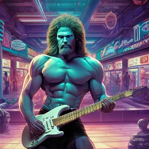 Prompt: Bodybuilding Odysseus playing guitar for tips in a busy alien mall, widescreen, infinity vanishing point, galaxy background