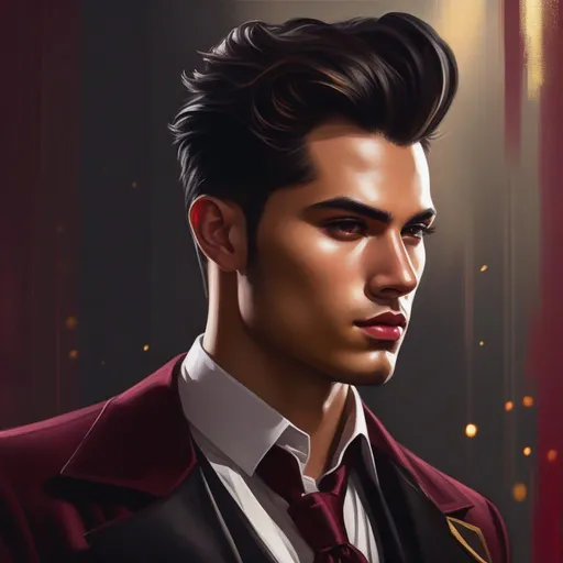 Prompt: fantasy art, oil painting,
an attractive young man, burgundy eyes pupils, olive skin, a large black slicked pompadour hairstyle, skinny, black jacket with gold pinstripes, white dress shirt,

confident expression, two thirds body, very muted background, cinematic lighting, combination of red and burgundy and gold and black color scheme, 

dnd character profile, cinematic, sharp focus, intricate, elaborate, UHD, hyperdetailed, photorealistic,  fractal, pretty and innocent looking, fierce, devious, dangerous, bad boy,

style of vampire, style of contemporary,