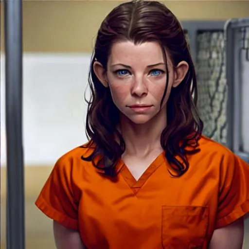 Prompt: young Evangeline lilly in prison wearing orange scrubs prison uniform