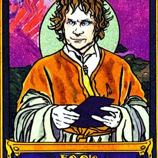 Prompt: Bilbo as the fool tarot card