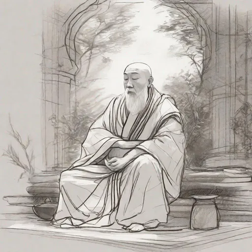Prompt: a quick sketch of a wise monk deep in meditation