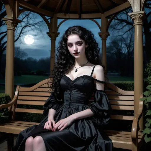 Prompt: (HD) an 18-year-old girl, black gothic dress, (long black curly hair), (pale skin), (dull eyes), mischievous smile, reclining on a bench inside a garden gazebo illuminated by moonlight, surrounded by deep darkness, atmospheric mood, eerie vibe, rich shadows blending with night, dramatic contrasts, high definition detail, mysterious allure, captivating presence, enchanting scene.