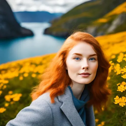 Prompt: Portrait of perfect round face Norwegian ginger in spring, stunning view of fjord, forest, cliff, blooming nature, blue sky, sunshine, clouds, nice color, uhd, 4k, 8k, sharp raw picture, wallpaper