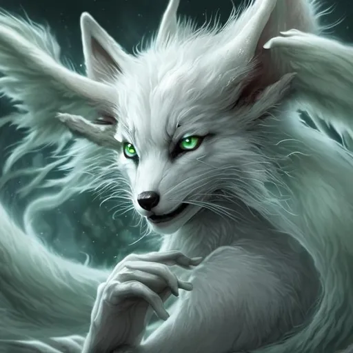Prompt: Hyperrealistic half transformed kitsune partially shrouded in shadow, angrily peers with vivid green eyes, silky white fur, long glowing hair flowing around her, harp long nails 