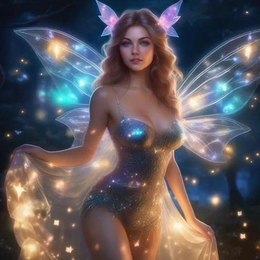 Prompt: hyper realistic, beautiful, stunningly full body form of a bright eyed, buxom woman, a fairy Witch, in a glowing, sparkly, sheer, skimpy outfit on a breathtaking night with flying sprites around.