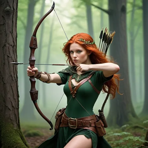 Prompt: 
In the depths of Sherwood Forest, where the trees whisper secrets and the air hums with the melody of nature, strides a figure of unmatched beauty and daring - a Robin Hood-esque archer with fiery red hair.

Tall and lean, with a powerful physique honed by years of traversing the forest and mastering the bow, she moves with the grace and agility of a woodland sprite. Her fiery locks cascade down her back in wild waves, catching the sunlight and casting a warm glow around her.

Her piercing green eyes, sharp and keen, reflect the wisdom and cunning of one who has spent a lifetime navigating the shadows of the forest. They sparkle with mischief and determination, hinting at the adventures and escapades that lie ahead.

Dressed in attire befitting a rogue of the woods, she wears a tunic of forest green, adorned with intricate embroidery and practical leather accents. A quiver of arrows hangs at her hip, ready to be unleashed with deadly precision at a moment's notice.

Across her back is slung a bow of polished wood, its sinewy curves a testament to the craftsmanship of the forest folk. With a steady hand and a steady eye, she draws back the bowstring, her aim true and unwavering as she takes aim at her target.

As she prowls through the forest, her movements are swift and silent, blending seamlessly with the natural world around her. She is a protector of the weak and a thorn in the side of the unjust, a modern-day hero for those who have been wronged by the powers that be.

In the heart of Sherwood, she is a beacon of hope and defiance, her red hair blazing like a fiery crown atop her head. She is Robin Hood reborn, a beautiful archer with a heart of gold and a spirit as wild and untamed as the forest itself.

she is holding a dagger that drips with blood








