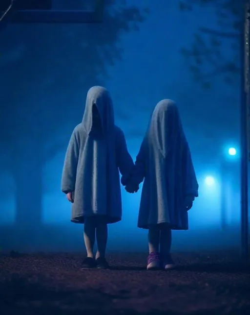 Prompt: Pale ghostly children holding hands stand eerily on an abandoned playground at night, partly obscured by fog. Shot in chilling blue hour lighting with shallow depth of field. Haunting, unsettling, nightmare fuel.