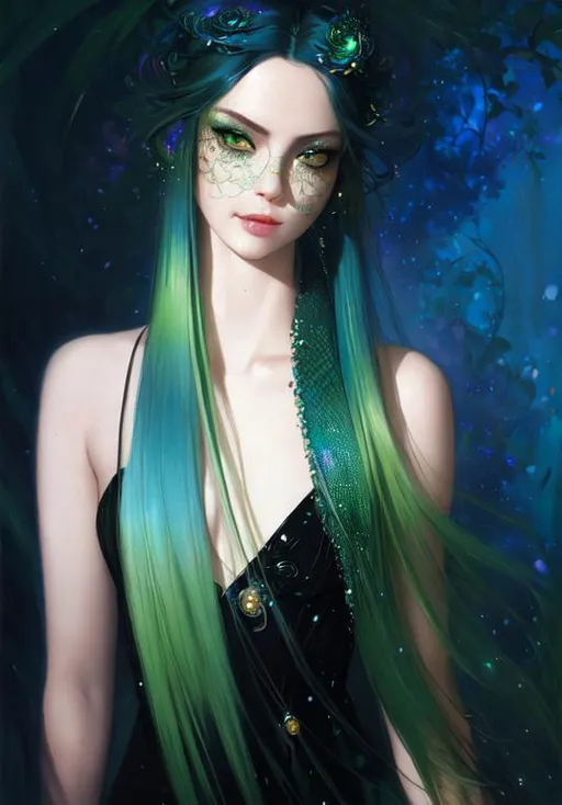 Prompt: A beautiful woman, beautiful face, stunning snake green eyes, ombre gradient green hair, delicate dress made of gradient iridescent snake scales details by pino daeni, tom bagshaw, Cicely Barker, Daniel Merriam, intricate details by Andrew atroshenko, James Jean, Mark Ryden, charlie bowater, WLOP, Jim burns, esao Andrews, Megan duncanson, beautiful portrait , very detailed, high definition, crisp quality, cinematic smooth, cinematic lighting, ultrarealistic, crispy focus 