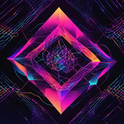 Prompt: Generate an abstract image that encapsulates the concept of super-intelligent AI. Use geometrical shapes in neon hues, interweaving amidst a dark background, representing the complex networks and illumination of intelligence.