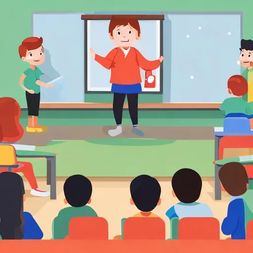 Prompt: image of children watching a speaker in a classroom, flat illustration style

