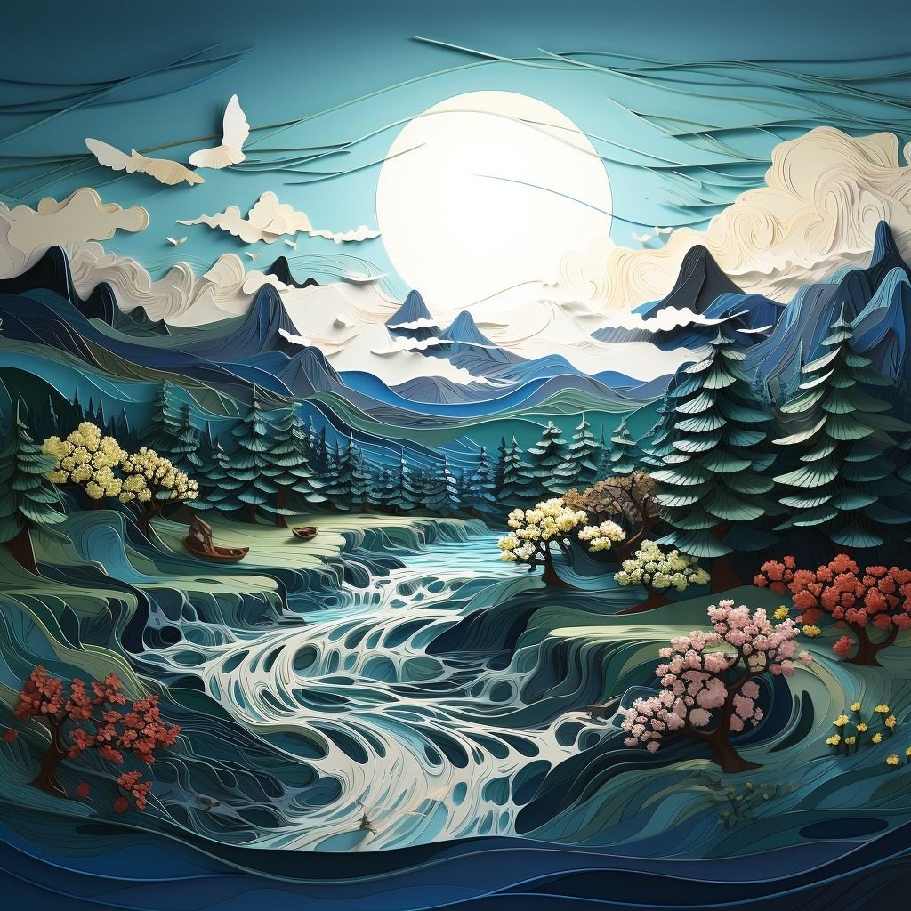 Prompt: river forest mountains, 2d embossed wavy art