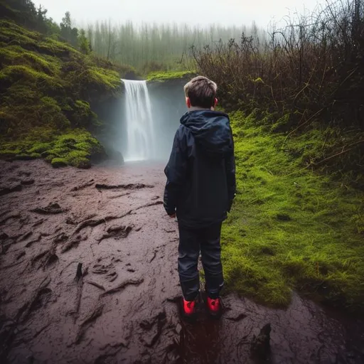 Prompt: Rain, low mist, muddy path, waterfall, northern lights, black boy looking up pointing.