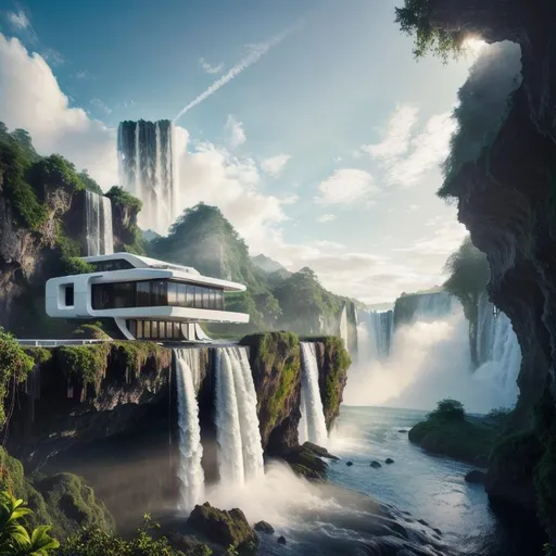 Prompt: surreal concept art of a futuristic house floating on a cloud with waterfall, peaceful and modern, cosy, minimalistic, big windows, natural lighting, sci-fi, lots of details, intricate scene, correct, digital painting, fine tuned,  64k