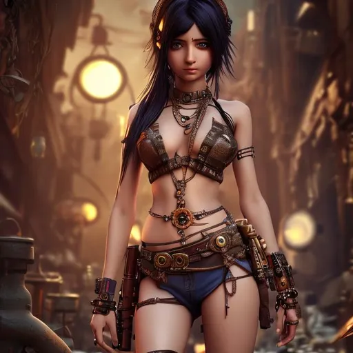Prompt: 4k high resolution cgi anime steampunk style, petite indian female, bare belly and low cut halter top