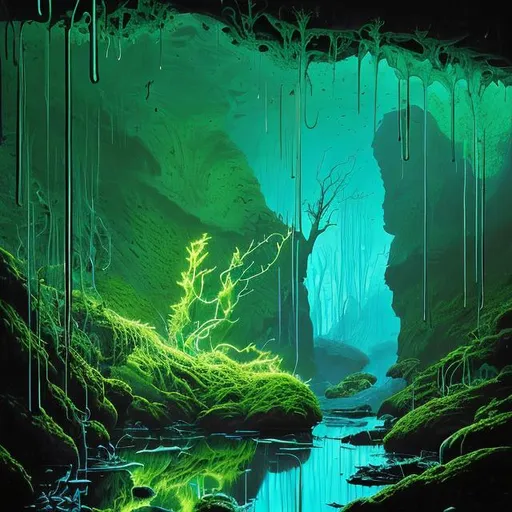 Prompt: Still life painting, drak-green moss on cave vall, under it a glass lombic with neon-green and glowing liquid, dull colors, danger, fantasy art, by Hiro Isono, by Luigi Spano, by John Stephens