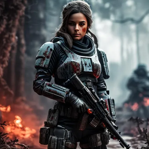 Prompt: create a photograph of fictional elite space soldier female who is battle-scarred and covered in blood, extremely detailed environment, detailed background, intricate, detailed skin, natural colors , professionally color graded, photorealism, 8k, moody lighting