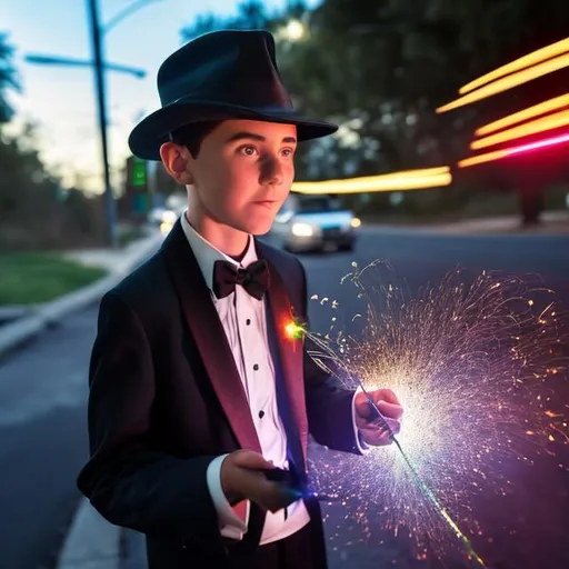 Prompt: 13 year old boy in a tuxedo casts a gold sparkle magic spell out of a car window with his magic wand on the traffic light to make it turn green from the inside of the car 