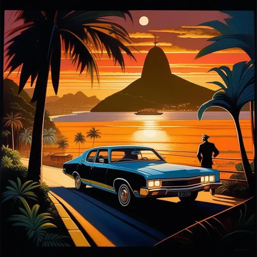 Prompt: 1970s, Rio de Janeiro at night, car chase, warm atmosphere, cartoony style, extremely detailed painting by Greg Rutkowski and by Henry Justice Ford and by Steve Henderson