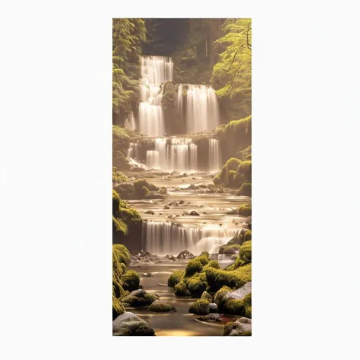 Prompt: River, cascading waterfall, daytime forest background, cave, gorge, mossy rocks, rule of thirds, golden hour, golden ratio, long exposure, Hyperrealism, lightshafts, soft dramatic lighting, ultra high quality octane render, trending on artstation, sublime. hypermaximalist.
