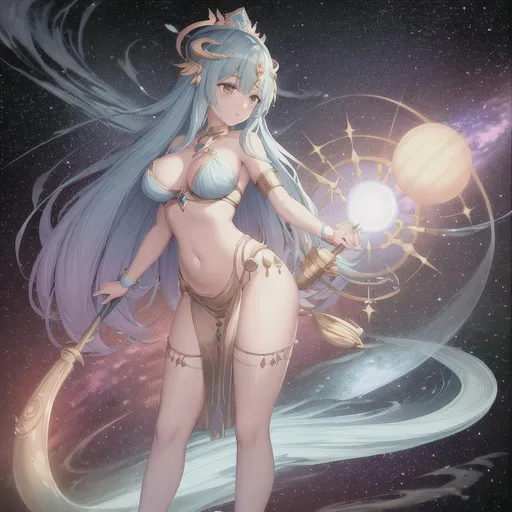 Prompt: draw me the serene goddess of the universe in a full body image with planets and galaxies in the background, 8k,UHD,vibrant colors,